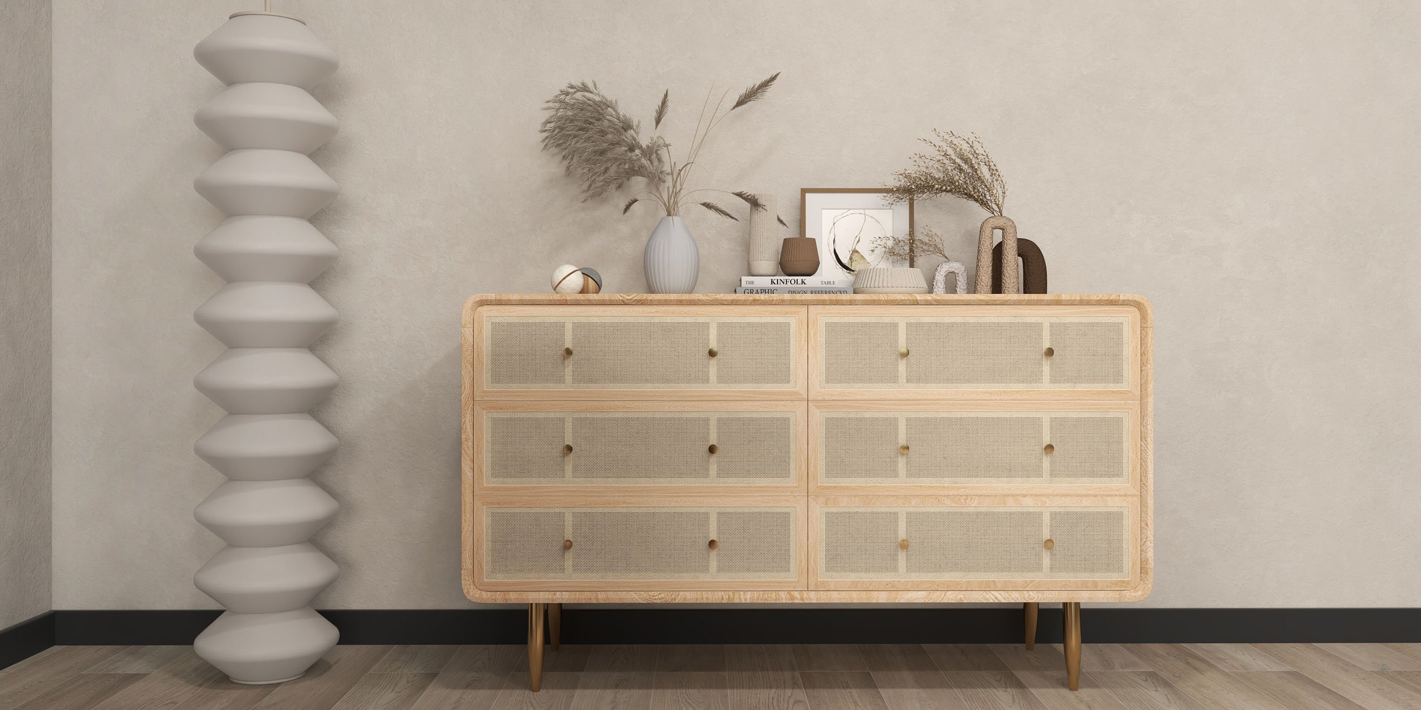 HMR - Dresser with 6 Drawers Rattan Woven in 53"W, Natural, Gold