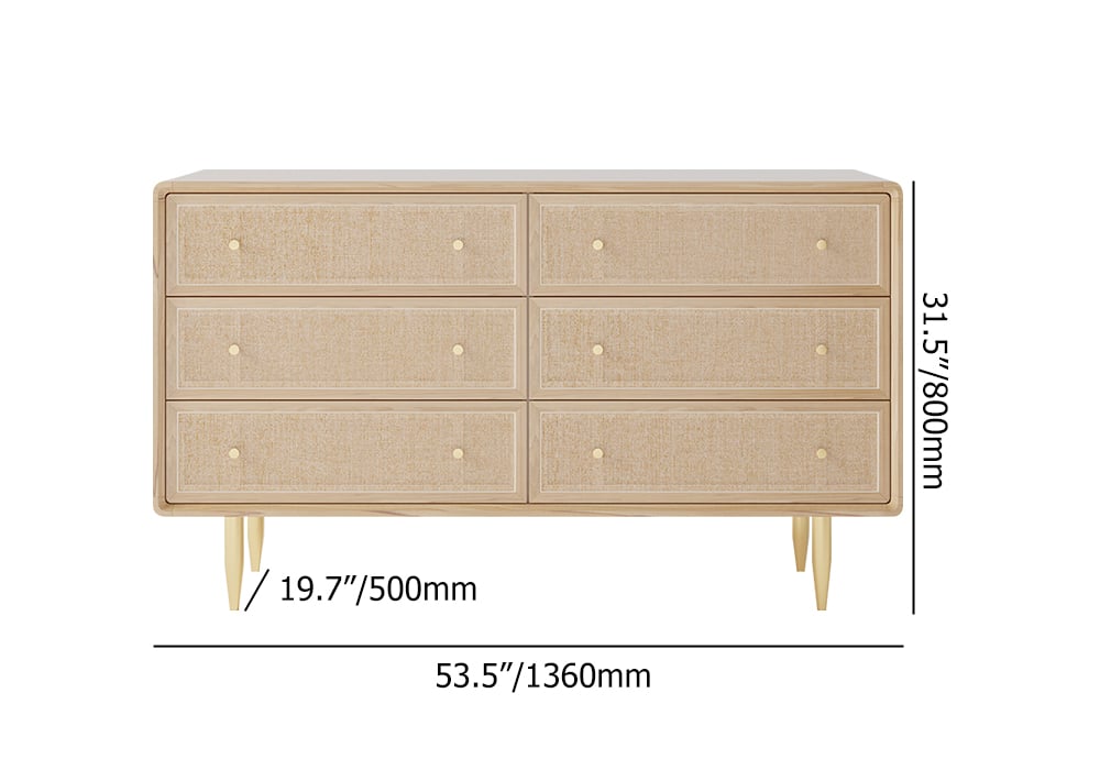 HMR - Dresser with 6 Drawers Rattan Woven in 53"W, Natural, Gold