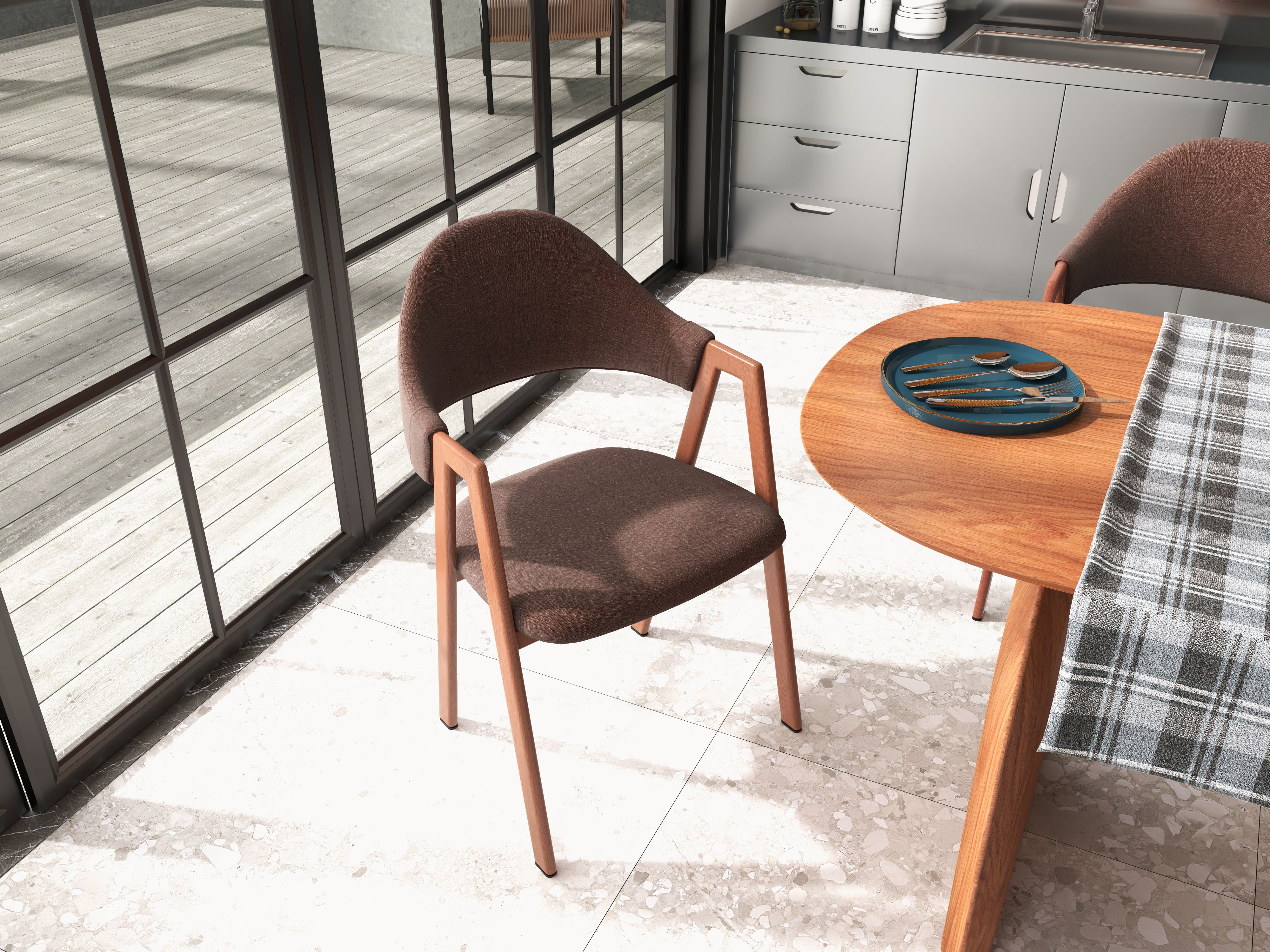 HMR Modern Dining Chairs with Linen Upholstery - Brown, 2-Pieces