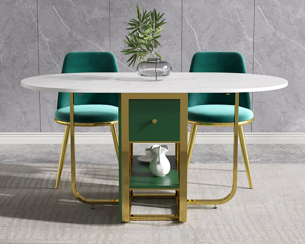HMR - 59.1" Modern Rectangle Leaf Folding Wood Dining Table with Storage Seats 4-6 People