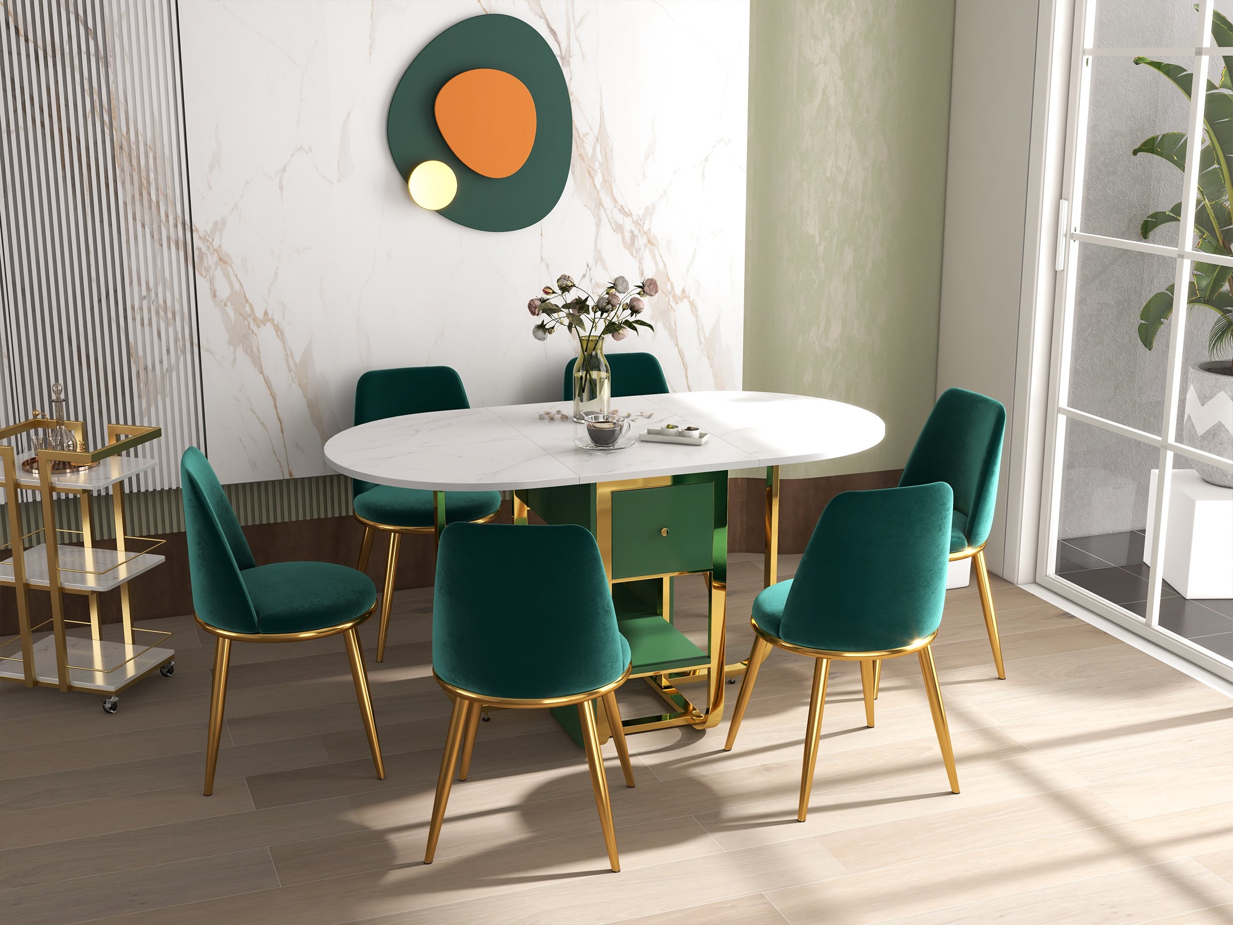 HMR - 59.1" Modern Rectangle Leaf Folding Wood Dining Table with Storage Seats 4-6 People