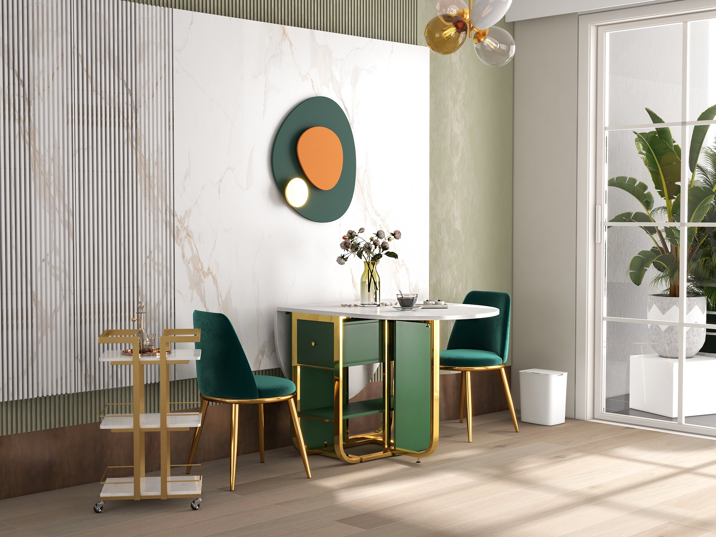 HMR - 59.1" Modern Rectangle Leaf Folding Wood Dining Table with Storage Seats 4-6 People