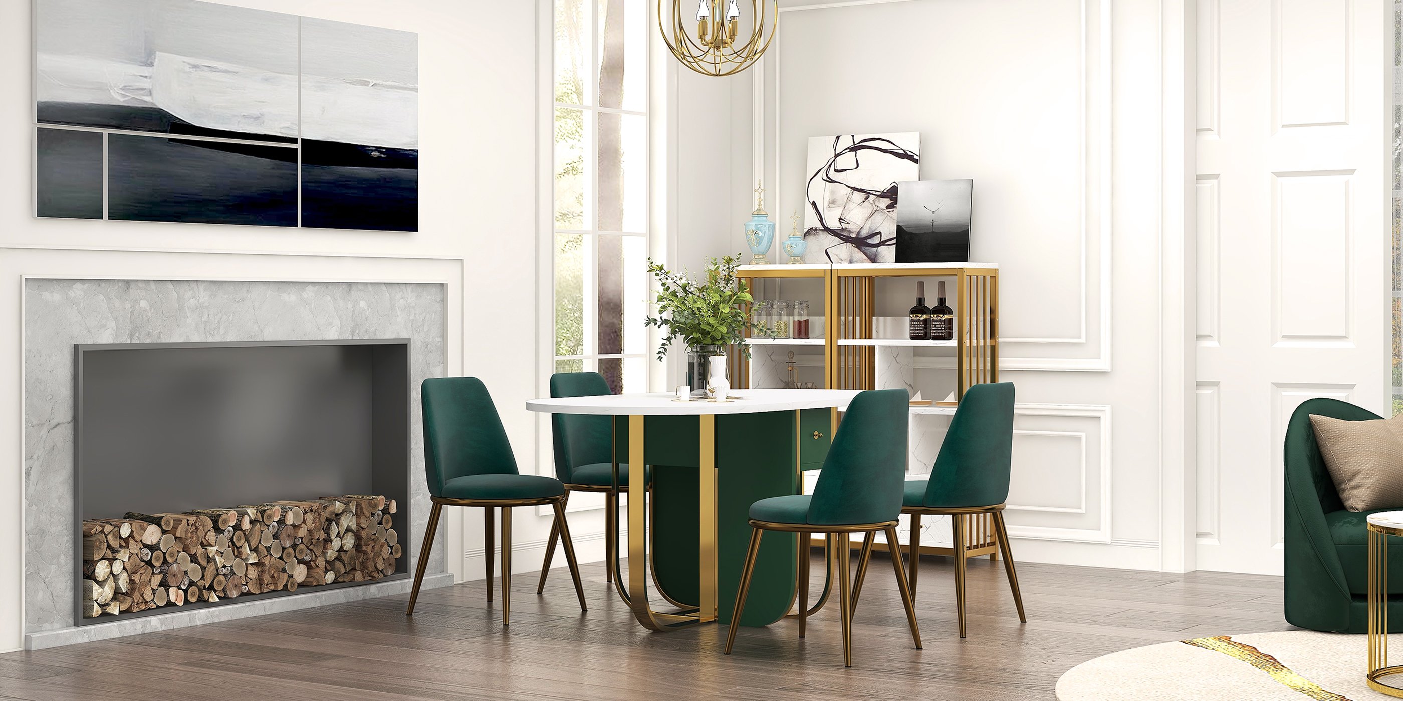 HMR - 59.1" Modern Rectangle Leaf Folding Wood Dining Table with Storage Seats 4-6 People