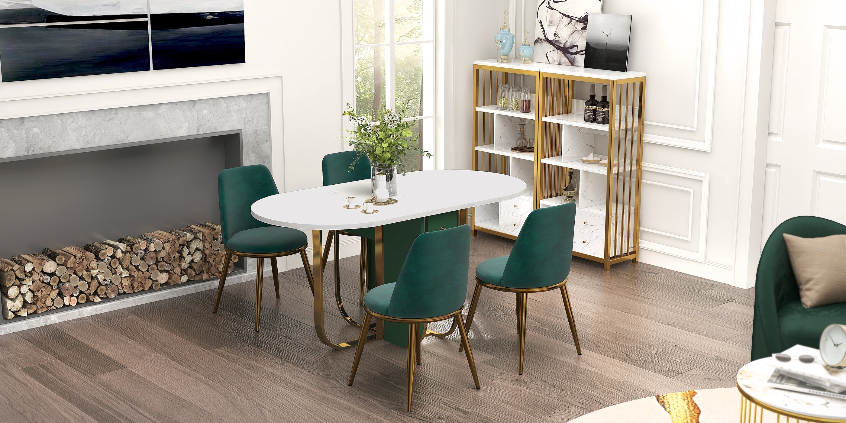 HMR - 59.1" Modern Rectangle Leaf Folding Wood Dining Table with Storage Seats 4-6 People