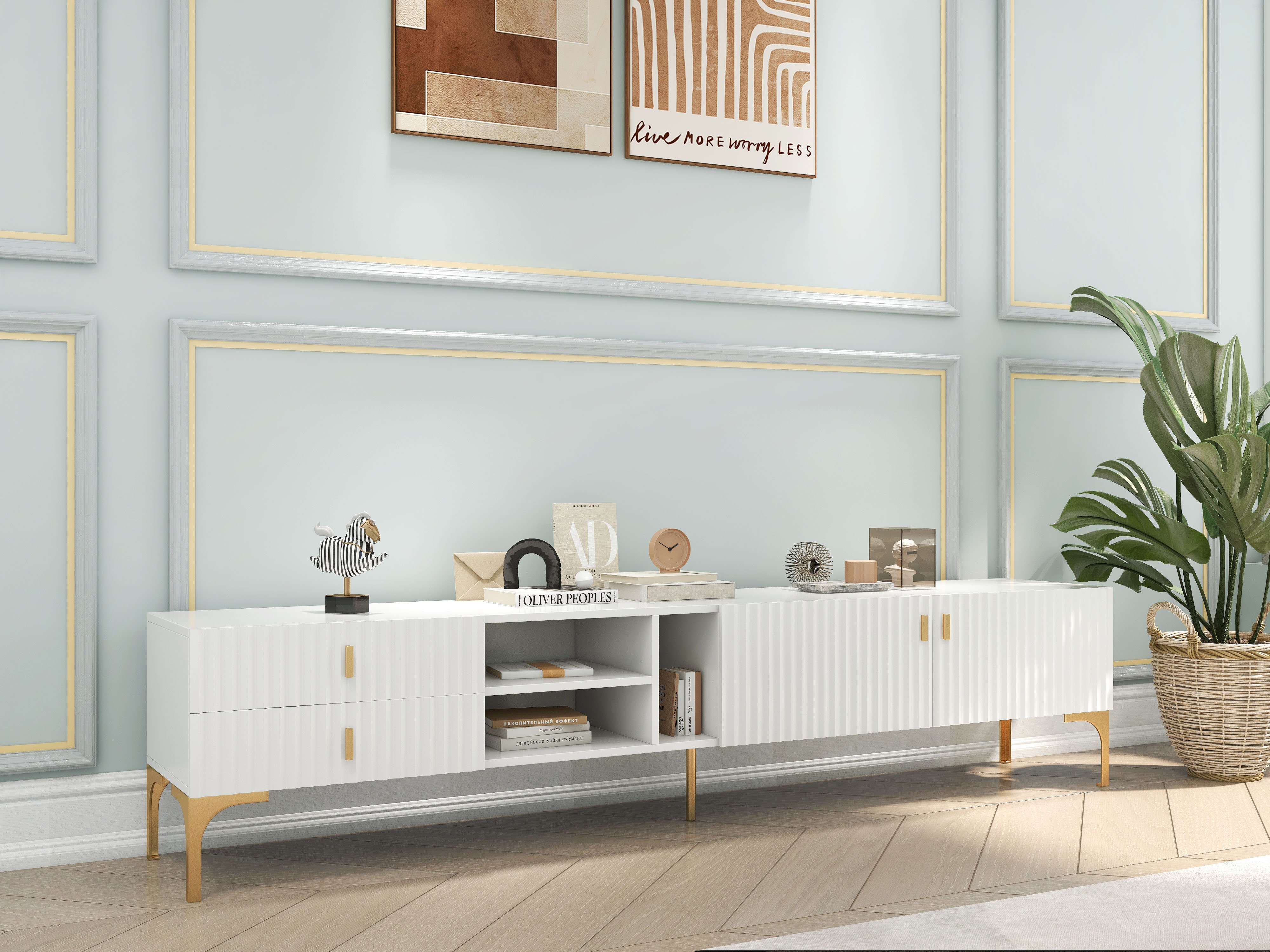 HMR - TV Stand with 3 Shelves, 2 Drawers, 2 Door in White