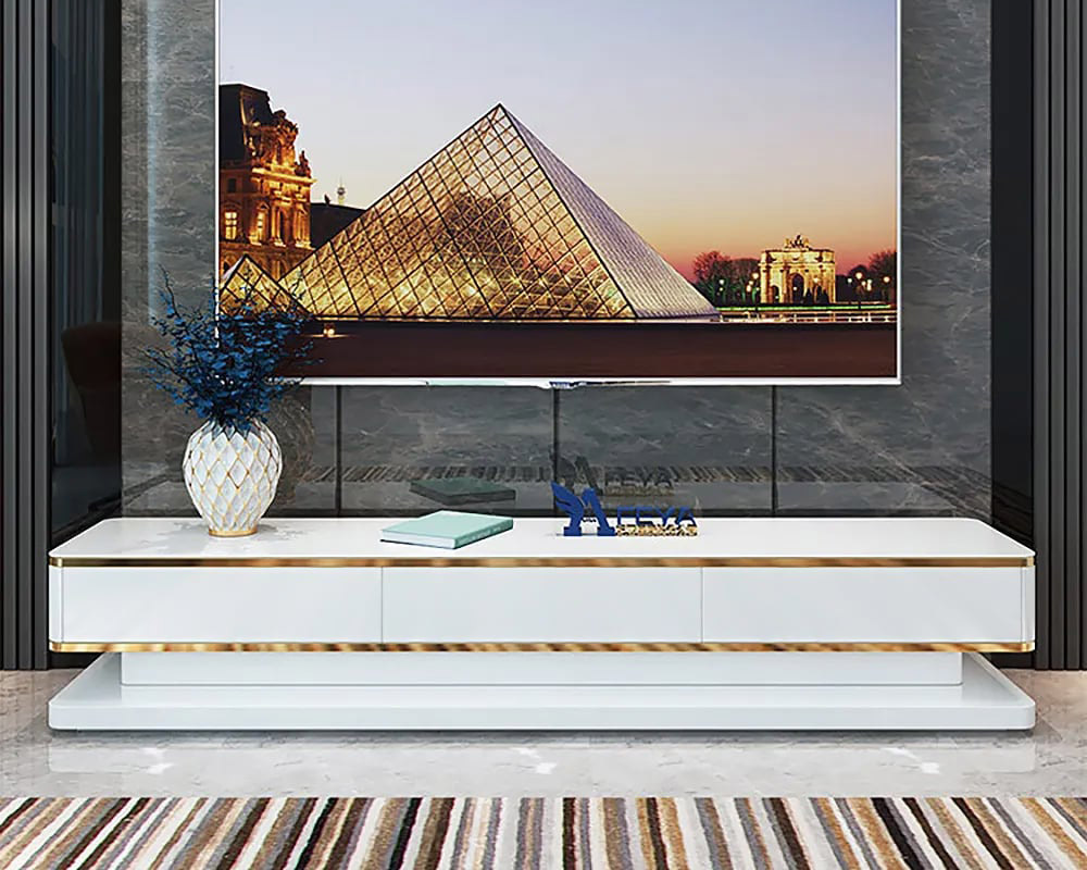 HMR Gapn Series TV Media Console with 3 Drawers - White, Tempered Glass