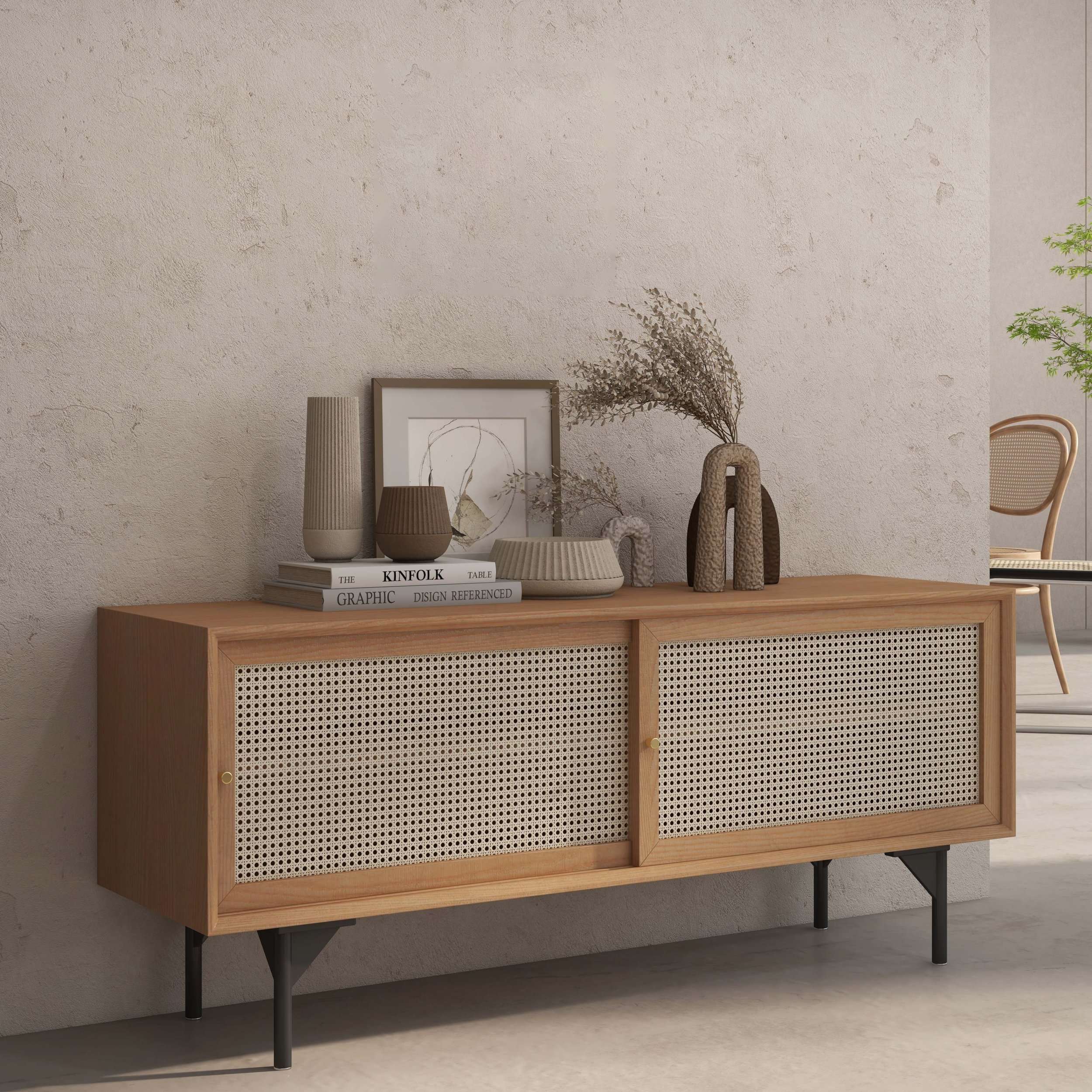 HMR - Cottage TV Stand with Rattan Doors in Natural