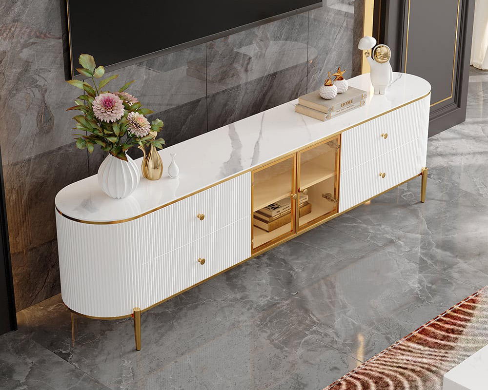 HMR Yelly Series Modern 79" TV Stand with Marble Top & Tempered Glass - White