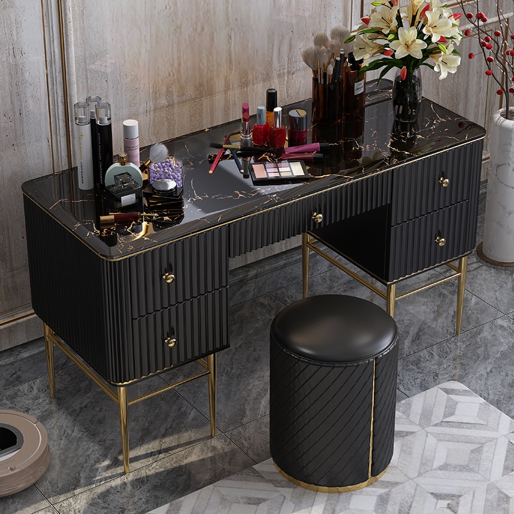 HMR Bline Series Makeup Vanity Table with Drawers - Black, Stainless Steel