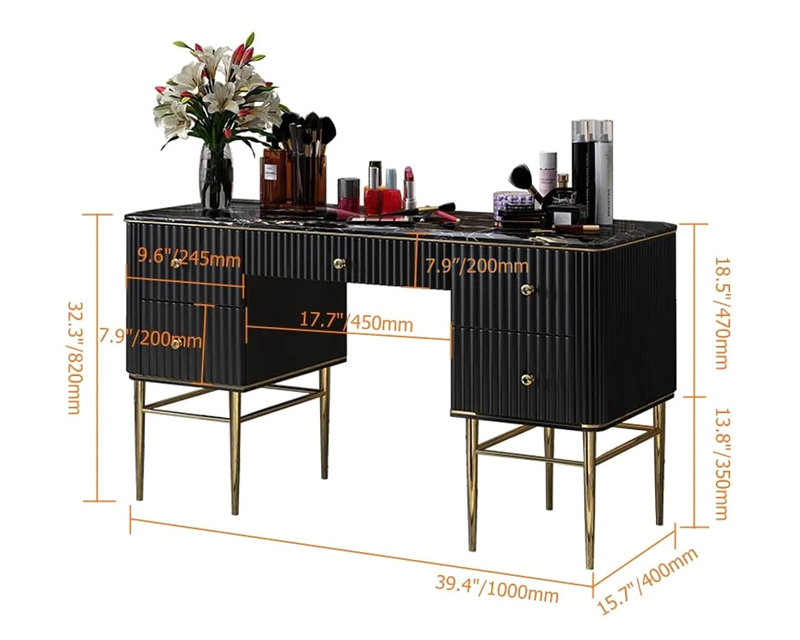 HMR Bline Series Makeup Vanity Table with Drawers - Black, Stainless Steel