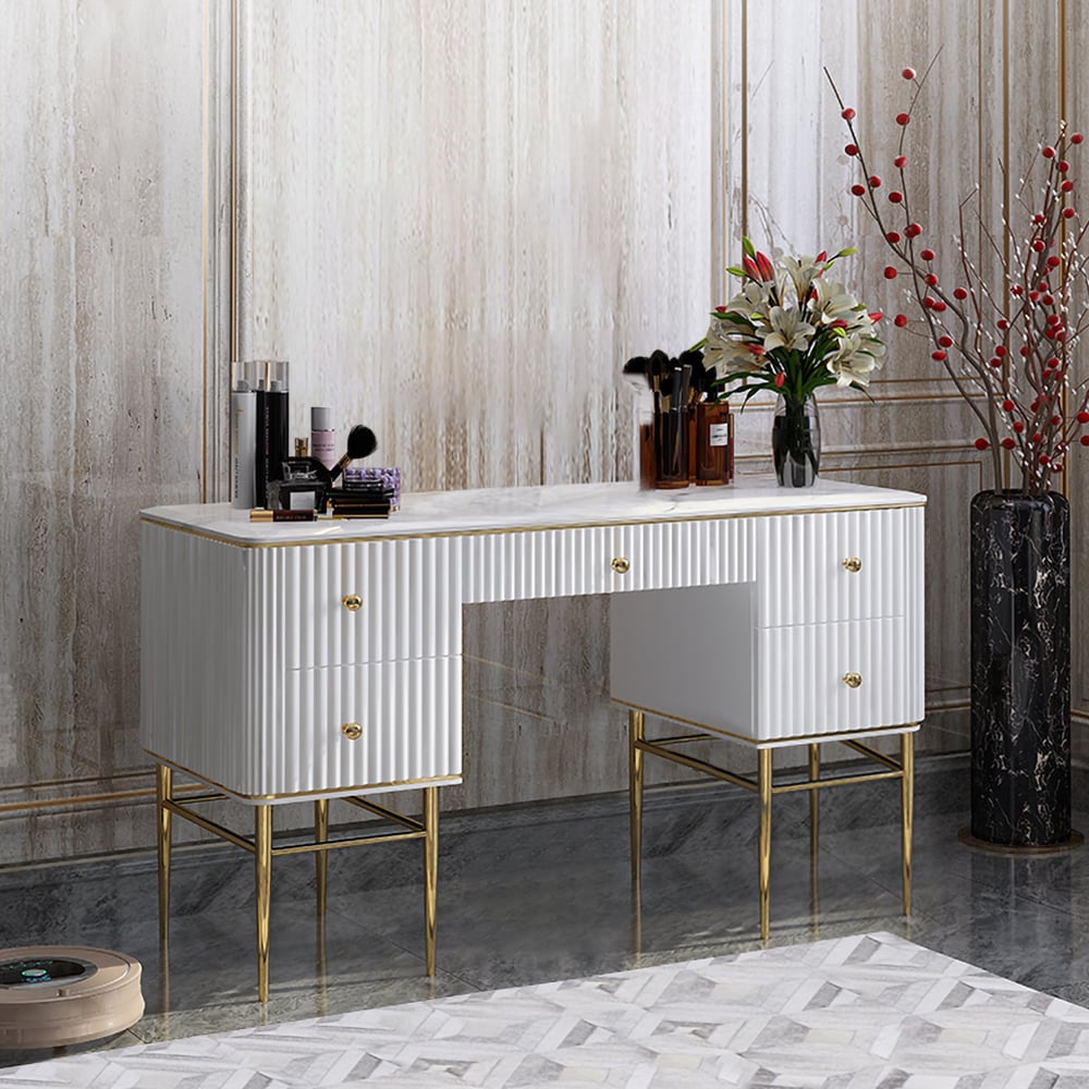 HMR Bline Series Makeup Vanity Table with Drawers - White, Stainless Steel