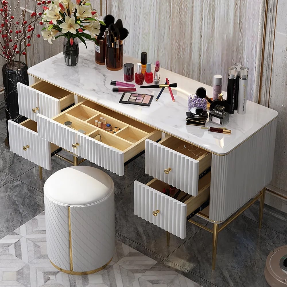 HMR Bline Series Makeup Vanity Table with Drawers - White, Stainless Steel
