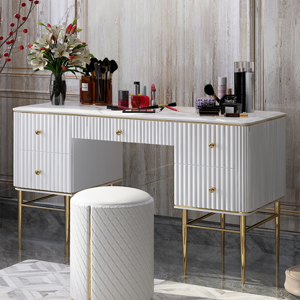 HMR Bline Series Makeup Vanity Table with Drawers - White, Stainless Steel