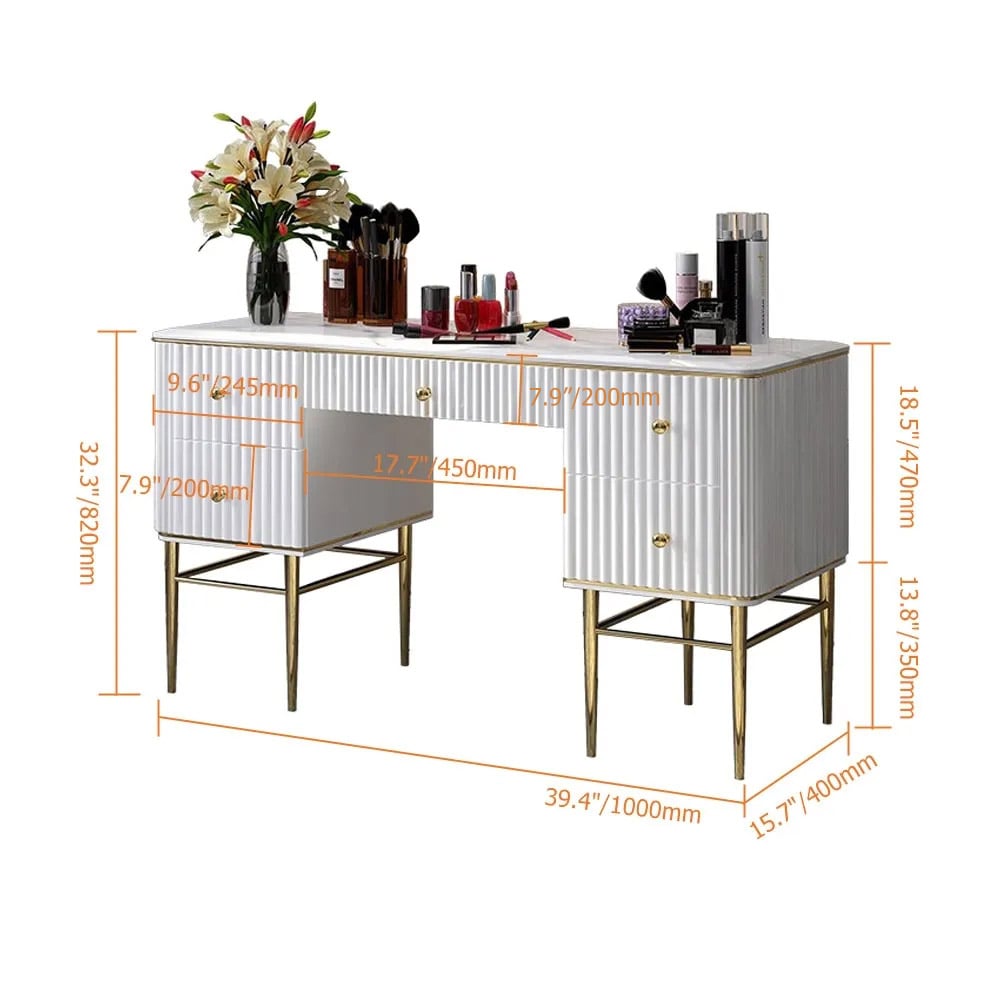 HMR Bline Series Makeup Vanity Table with Drawers - White, Stainless Steel