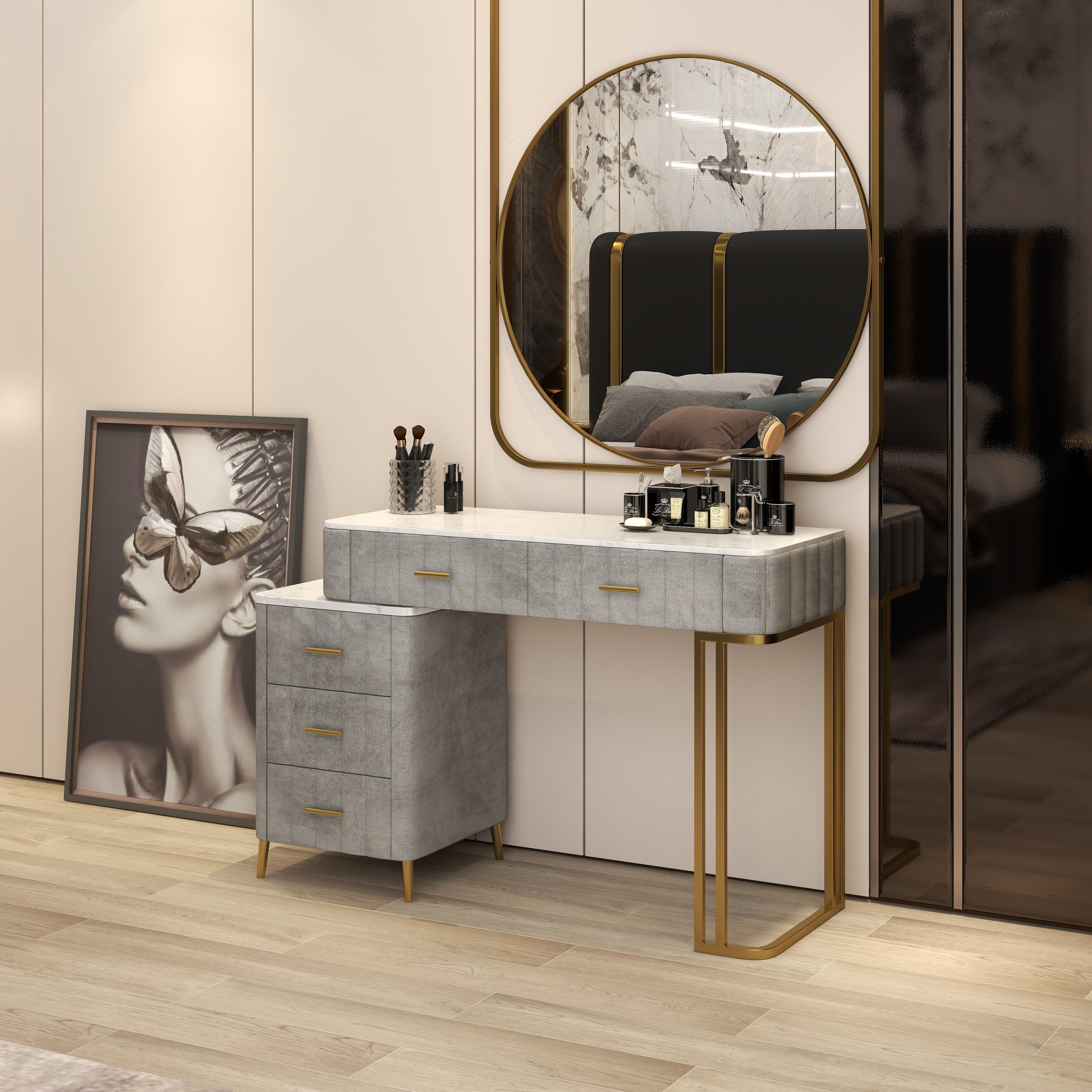 HMR Modern Expandable Makeup Vanity Dressing Table - Gray, Velvet