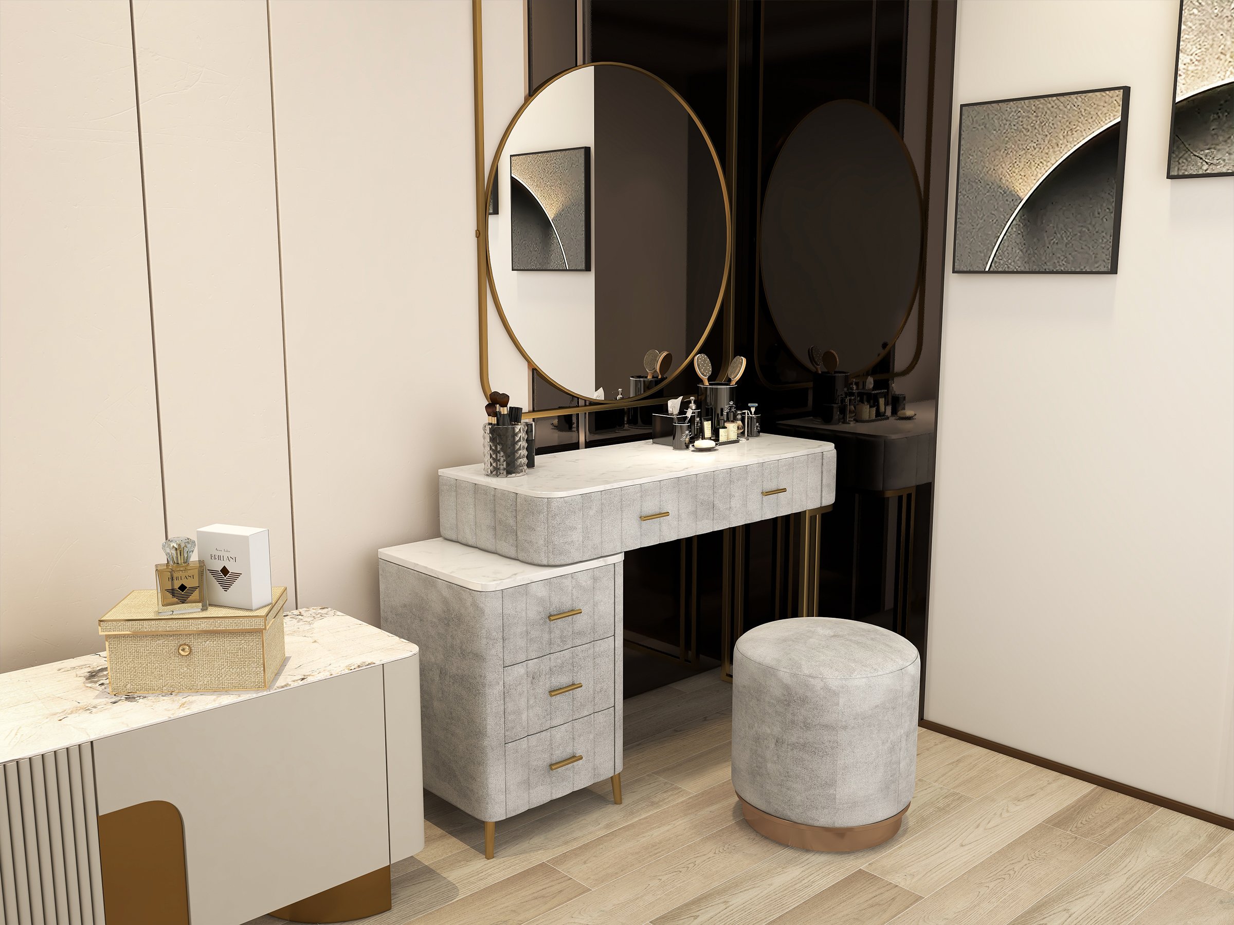 HMR Modern Expandable Makeup Vanity Dressing Table - Gray, Velvet