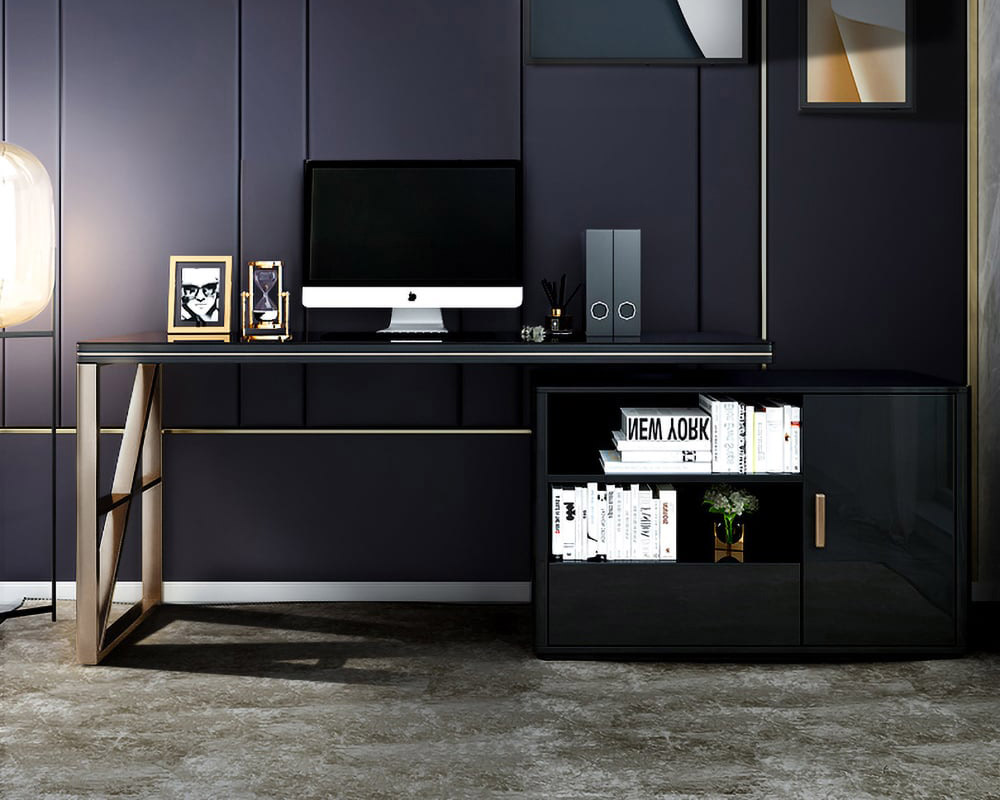 HMR - L-Shaped Computer Desk with Cabinet and Storage in Black