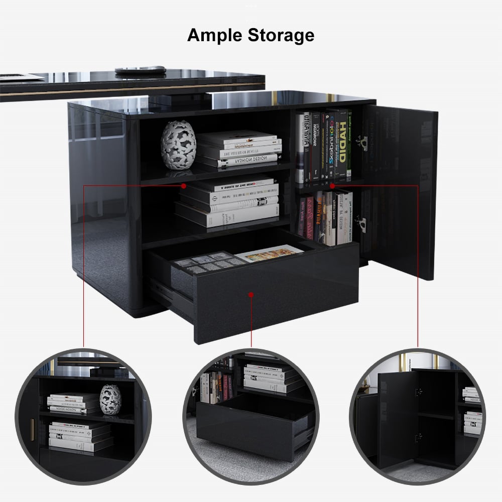 HMR - L-Shaped Computer Desk with Cabinet and Storage in Black