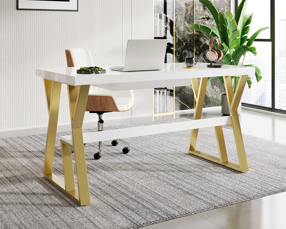 HMR - Computer Office Desk with Drawer and Shelf in White, 55.1"L x 27.6"W