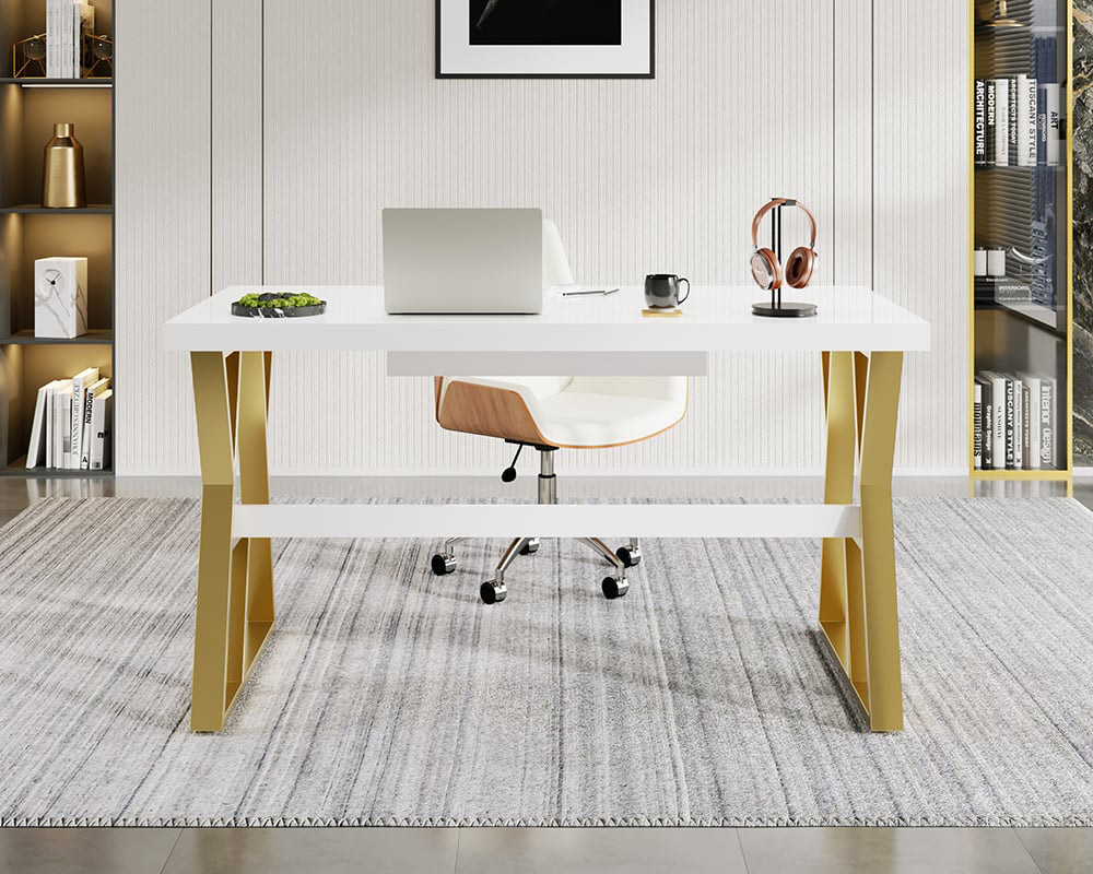 HMR - Computer Office Desk with Drawer and Shelf in White, 55.1"L x 27.6"W
