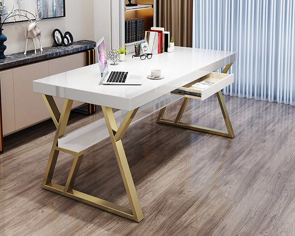 HMR - Computer Office Desk with Drawer and Shelf in White, 55.1"L x 27.6"W