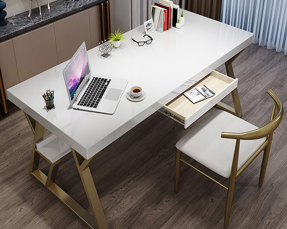 HMR - Computer Office Desk with Drawer and Shelf in White, 55.1"L x 27.6"W