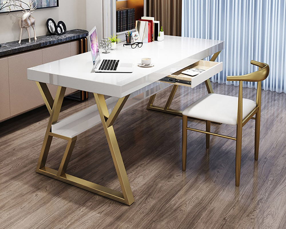 HMR - Computer Office Desk with Drawer and Shelf in White, 55.1"L x 27.6"W
