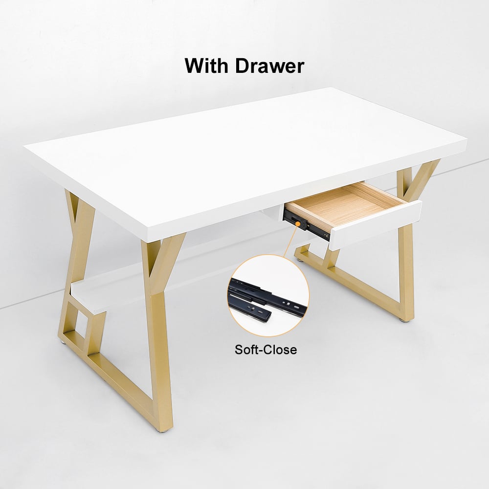 HMR - Computer Office Desk with Drawer and Shelf in White, 55.1"L x 27.6"W
