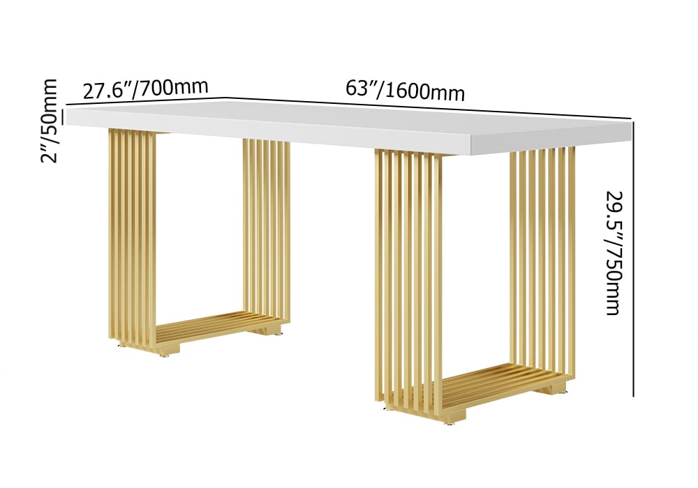 HMR Modern 63" Rectangular Office Desk with Solid Wood Table Top - White/Gold