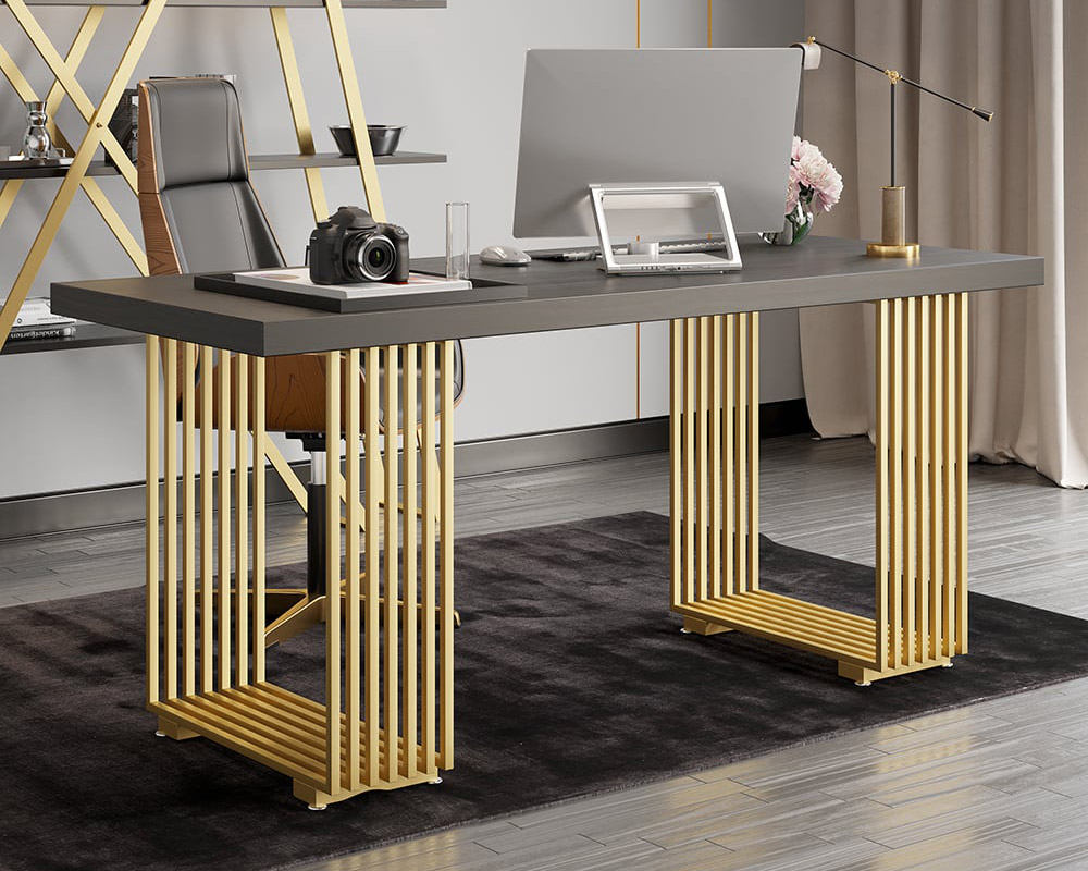 HMR Modern 63" Rectangular Office Desk with Solid Wood Table Top - Black/Walnut