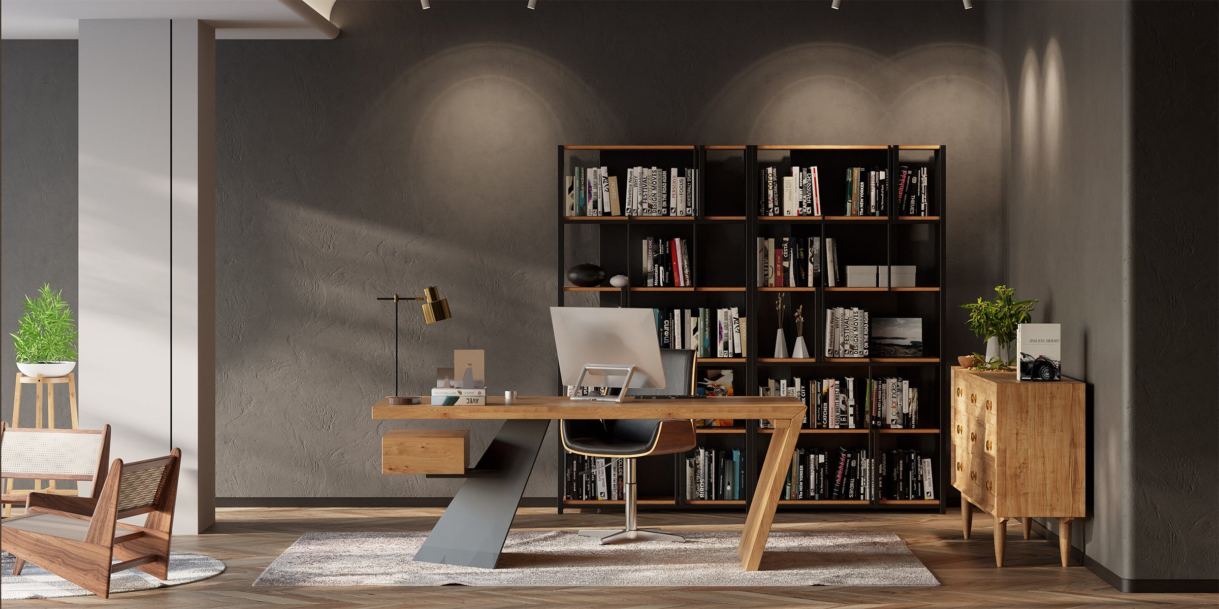 HMR Cabstract Series Modern 55" Office Desk with Drawer - Distressed