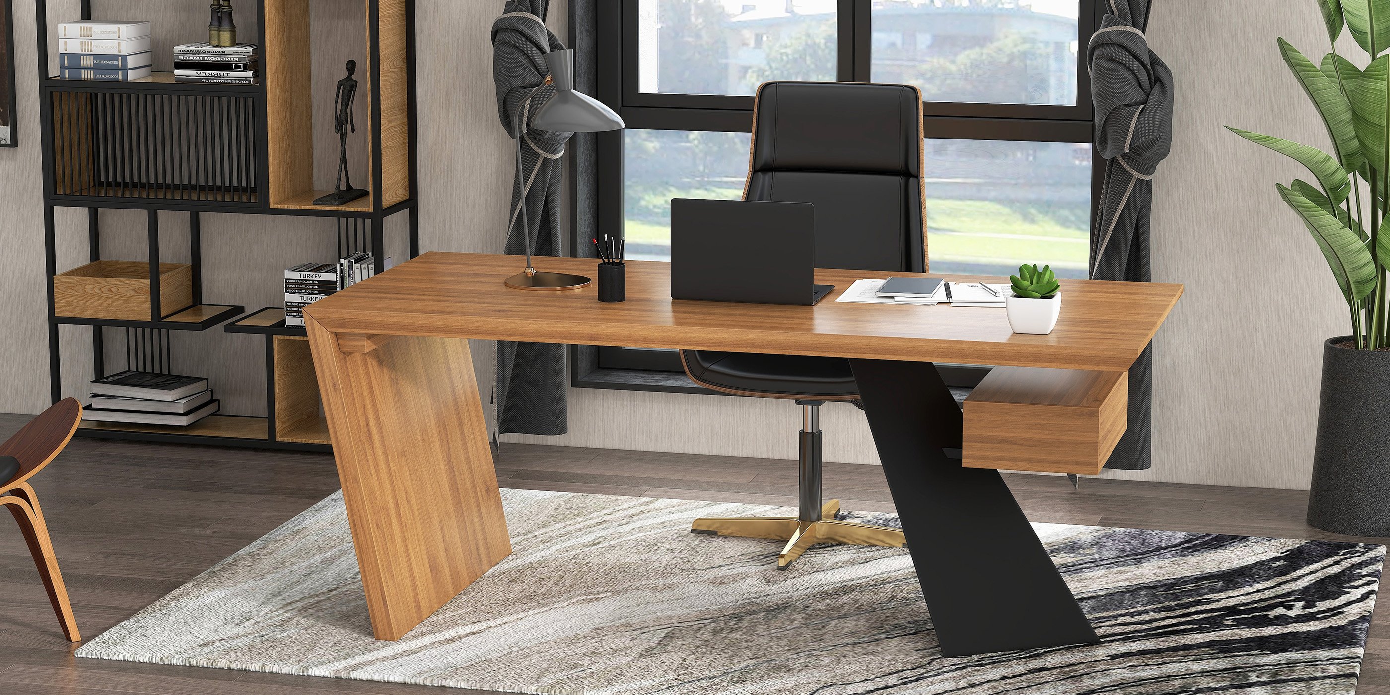 HMR Cabstract Series Modern 55" Office Desk with Drawer - Distressed