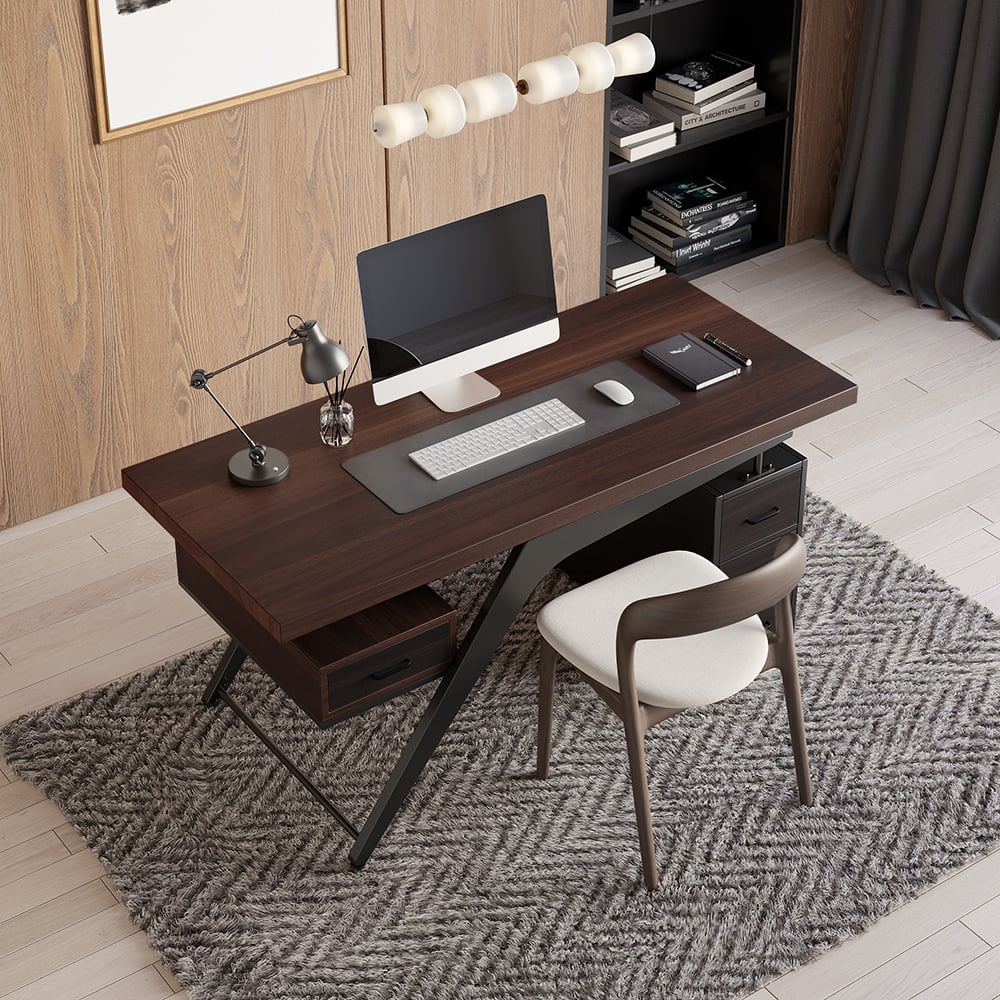 HMR - Office Computer Desk with 4 Drawers in Metal Legs in 59"L, Black, Natural