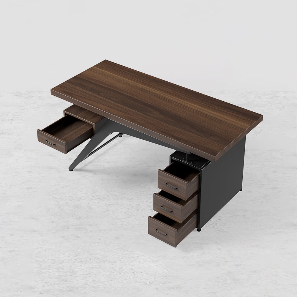 HMR - Office Computer Desk with 4 Drawers in Metal Legs in 59"L, Black, Natural