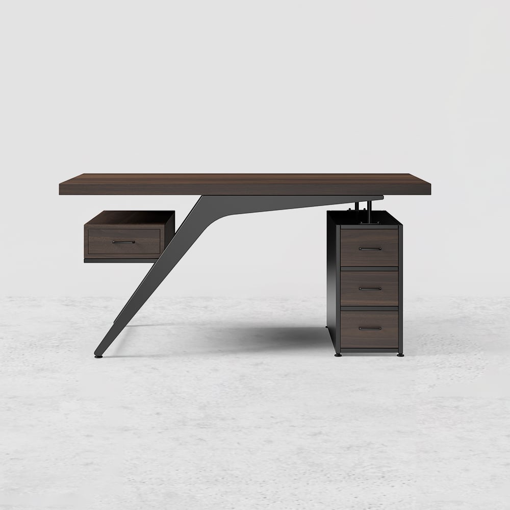 HMR - Office Computer Desk with 4 Drawers in Metal Legs in 59"L, Black, Natural
