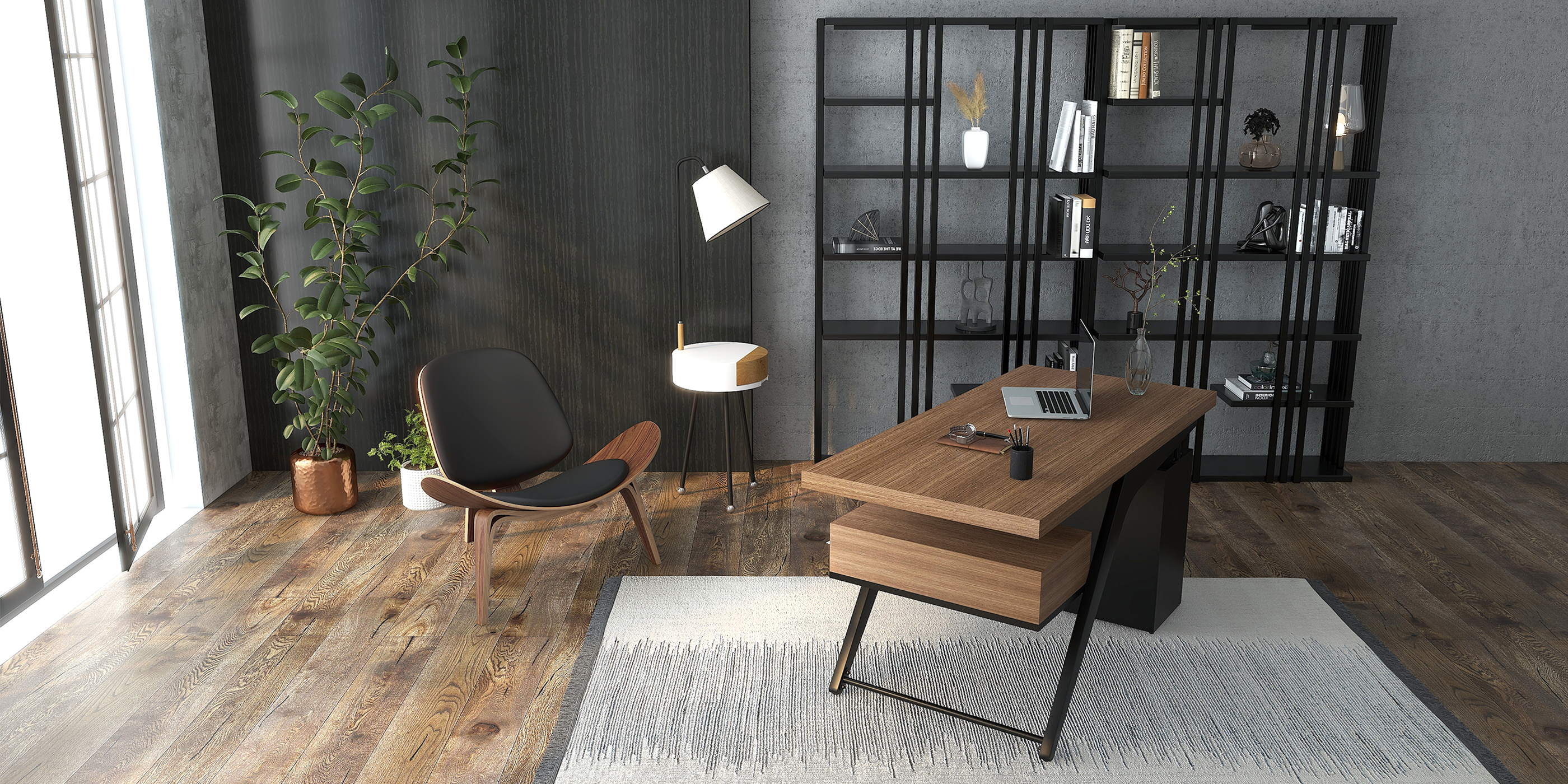 HMR - Office Computer Desk with 4 Drawers in Metal Legs in 59"L, Black, Natural