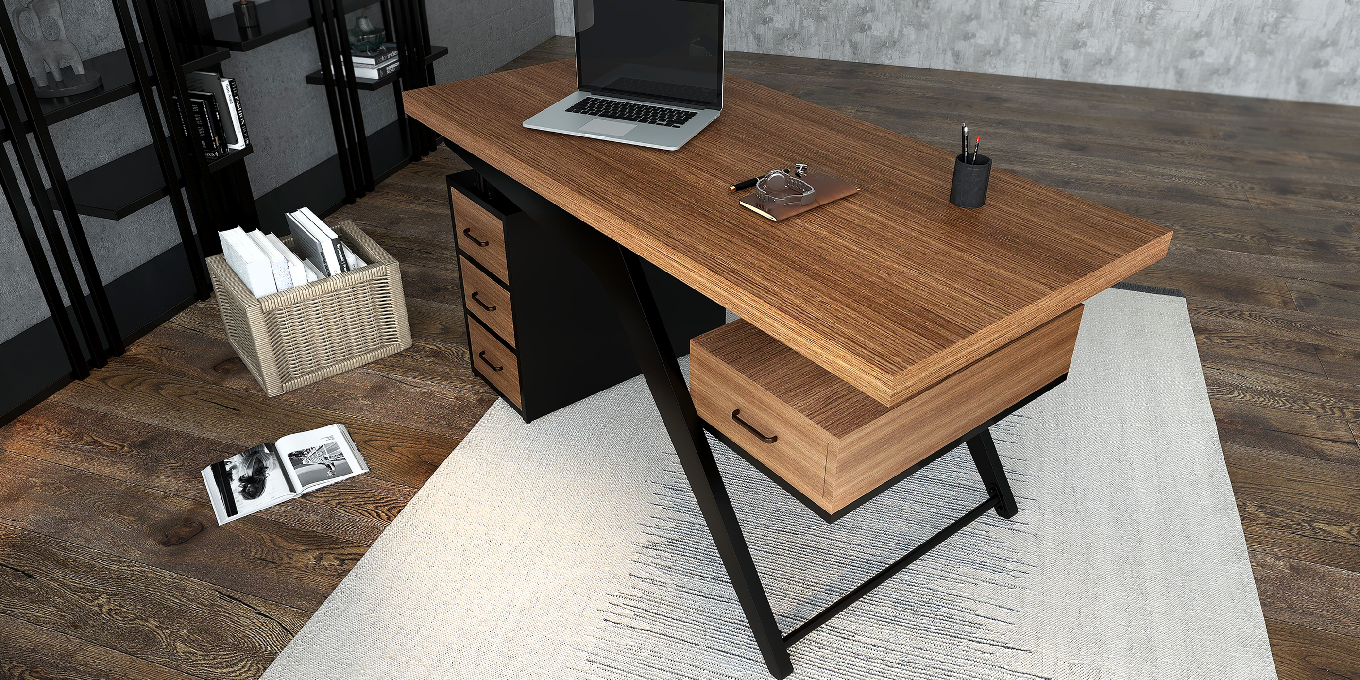 HMR - Office Computer Desk with 4 Drawers in Metal Legs in 59"L, Black, Natural