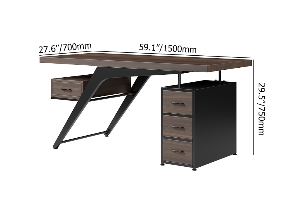 HMR - Office Computer Desk with 4 Drawers in Metal Legs in 59"L, Black, Natural