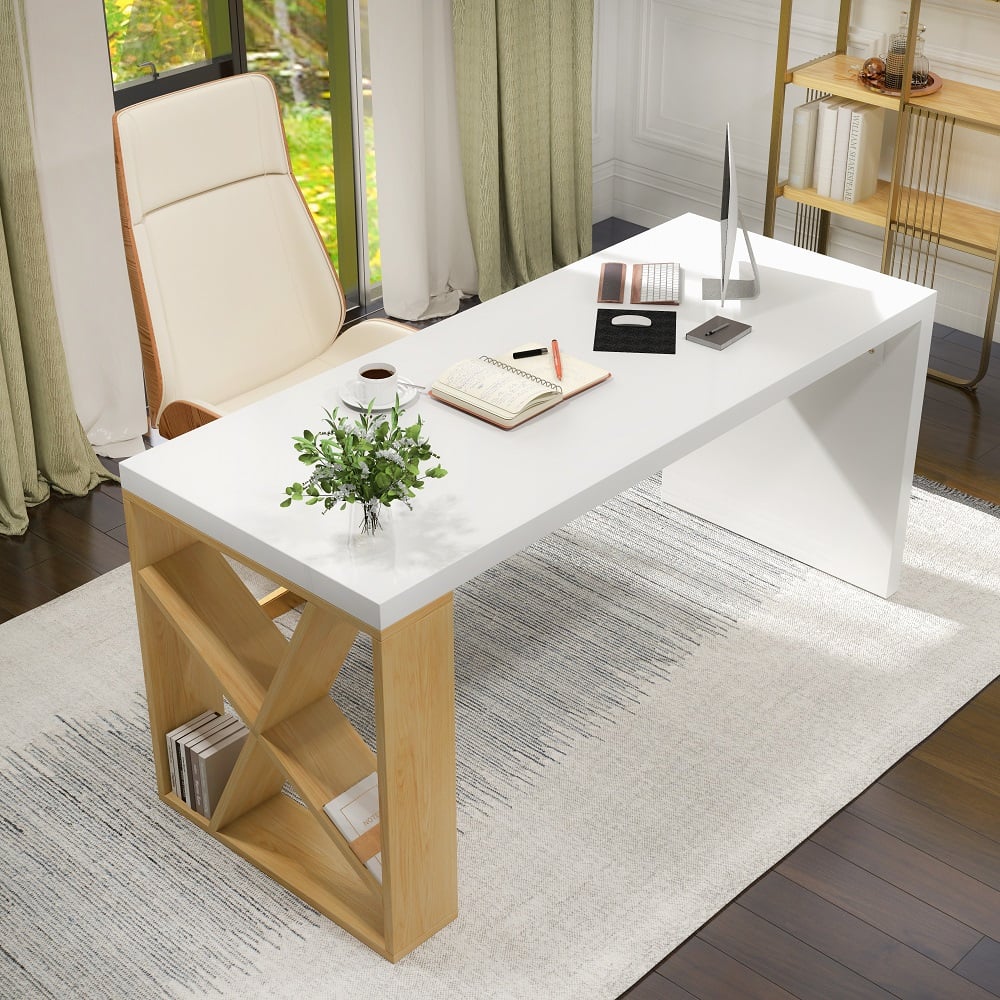HMR - White Rectangular Writing Desk with Shelves in 63"L