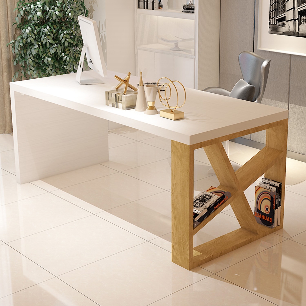 HMR - White Rectangular Writing Desk with Shelves in 63"L