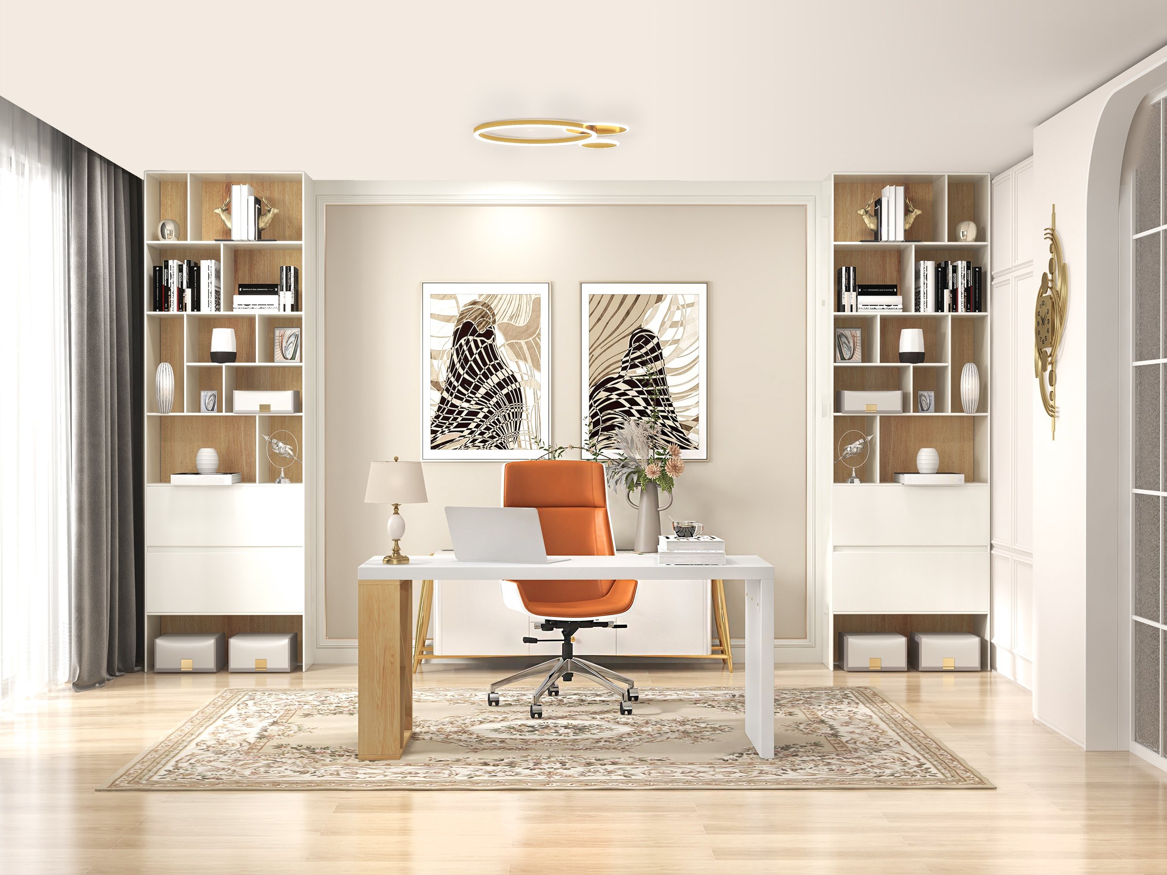 HMR - White Rectangular Writing Desk with Shelves in 63"L