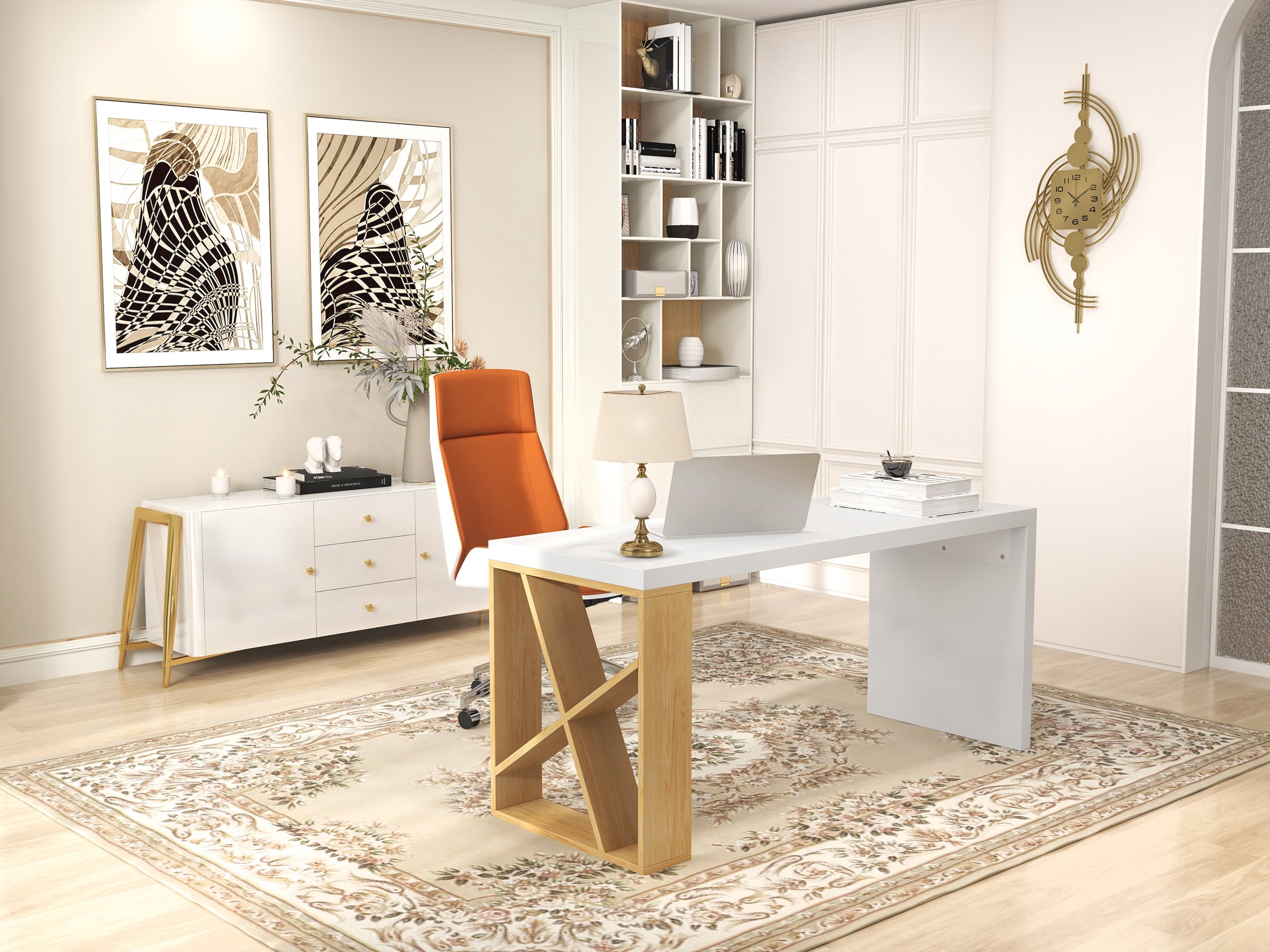 HMR - White Rectangular Writing Desk with Shelves in 63"L