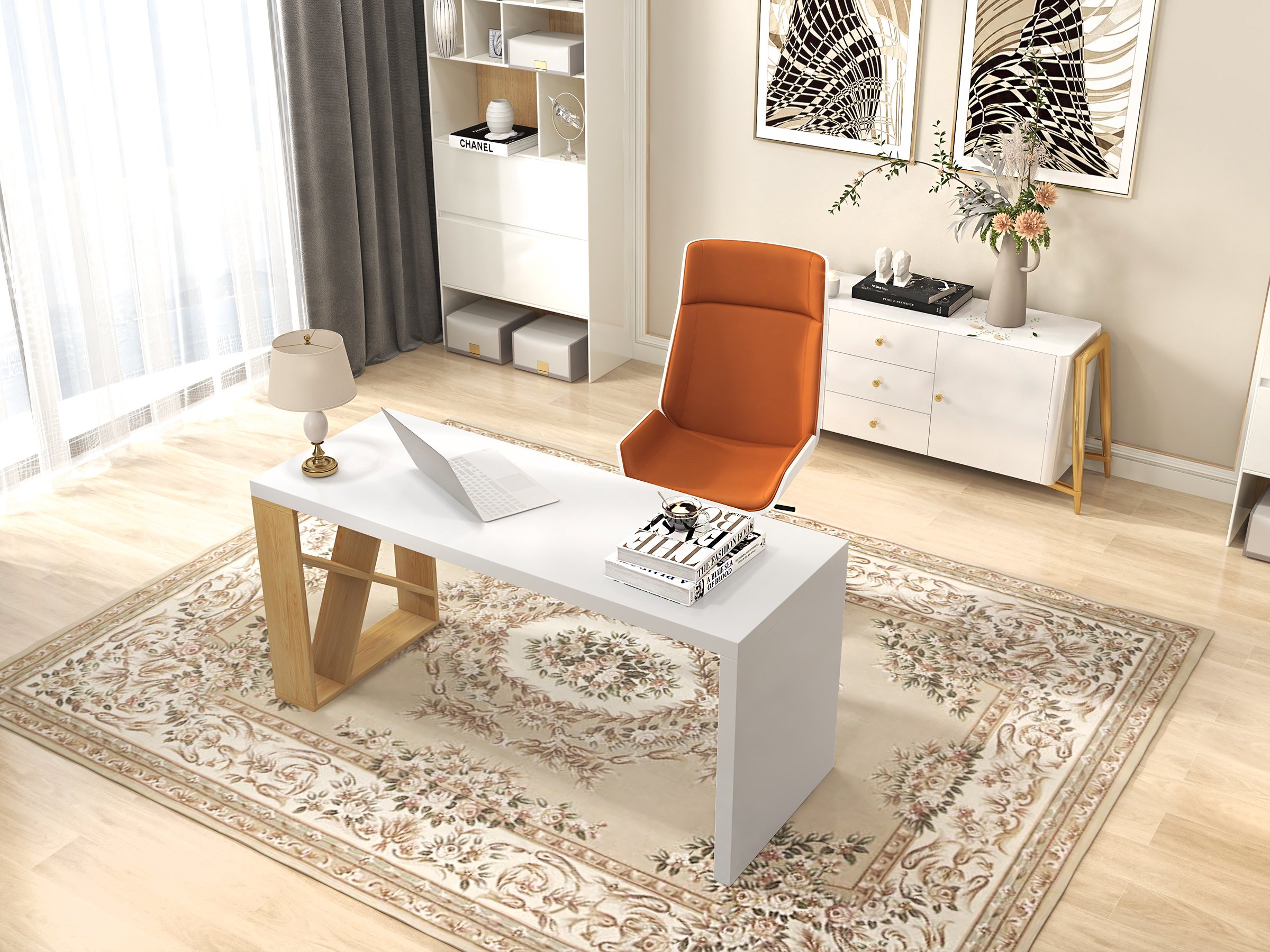 HMR - White Rectangular Writing Desk with Shelves in 63"L