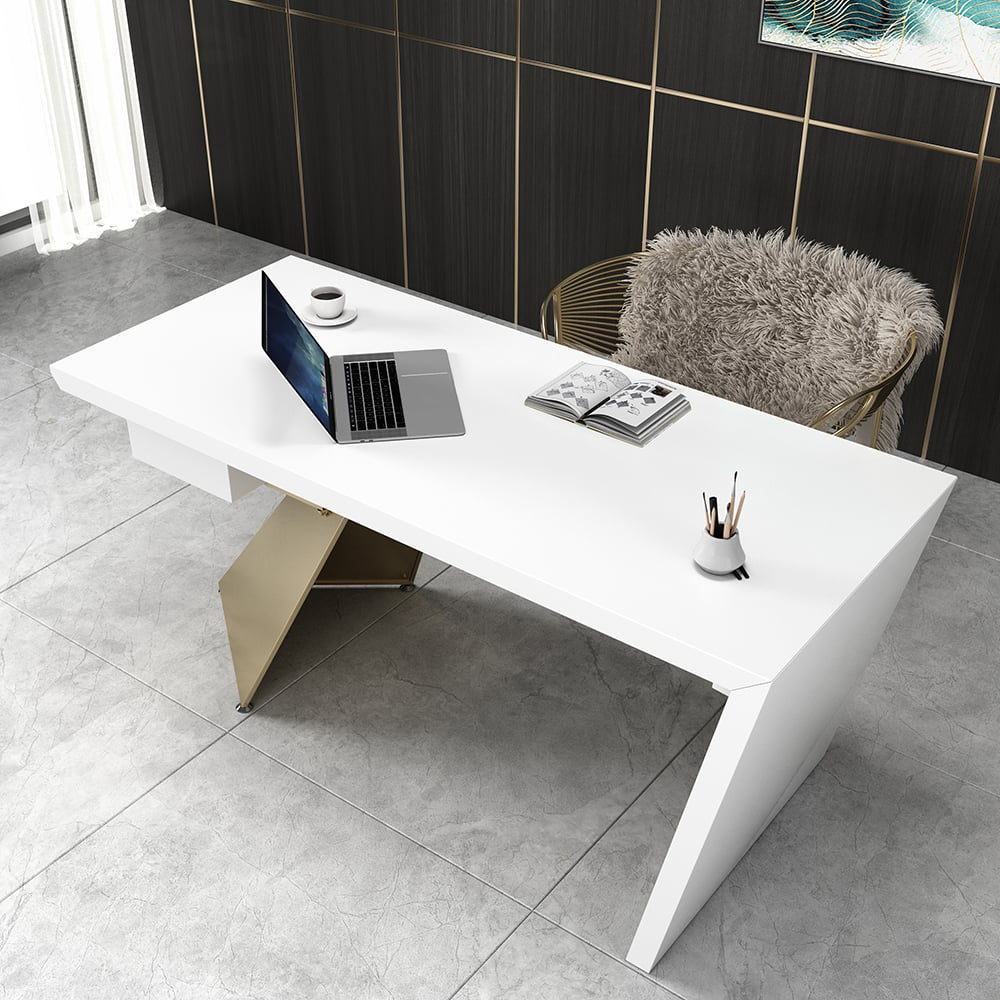 HMR Cabstract Series Modern 63" Office Desk with Drawer - White/Gold