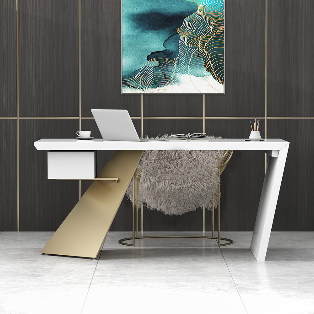 HMR Cabstract Series Modern 63" Office Desk with Drawer - White/Gold