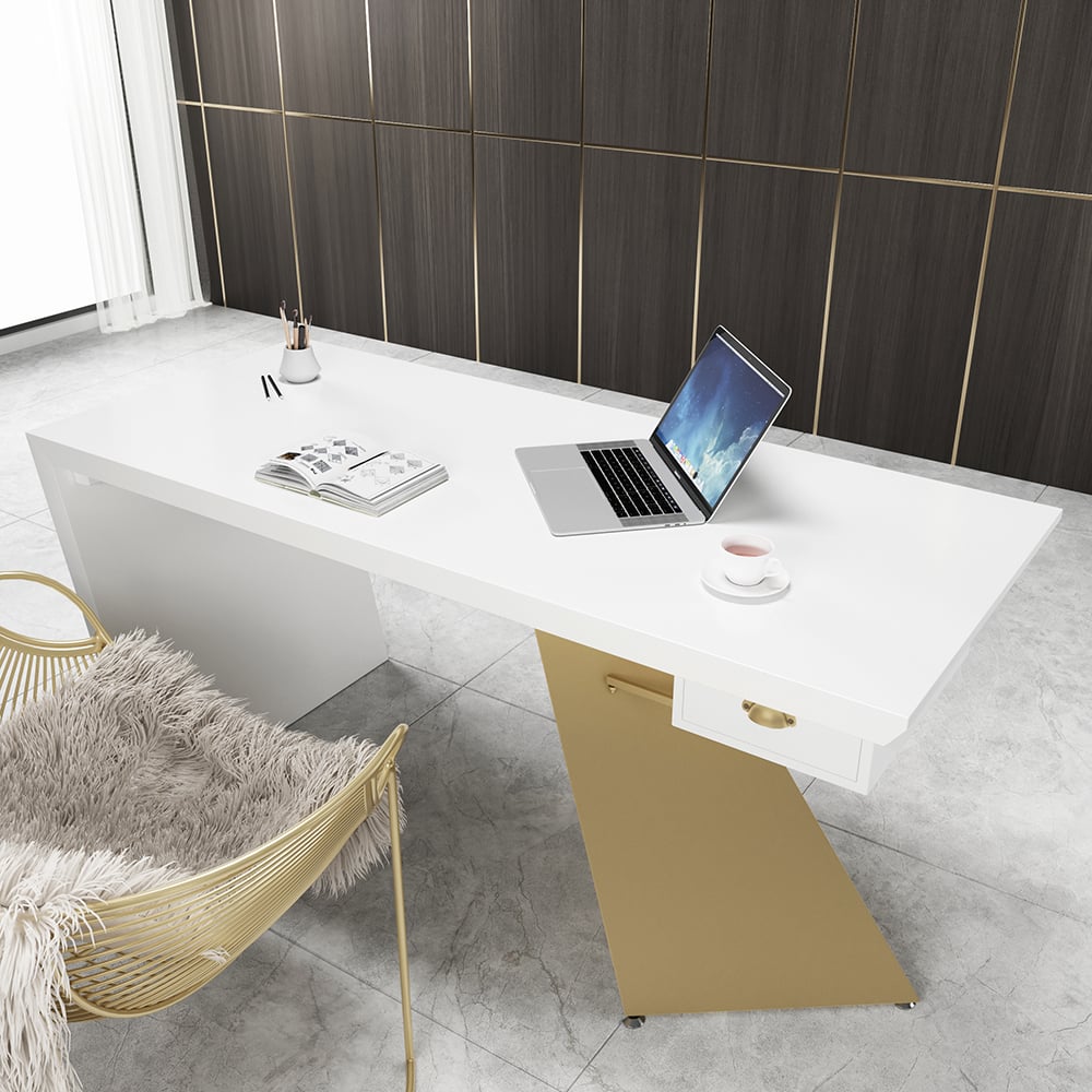 HMR Cabstract Series Modern 63" Office Desk with Drawer - White/Gold