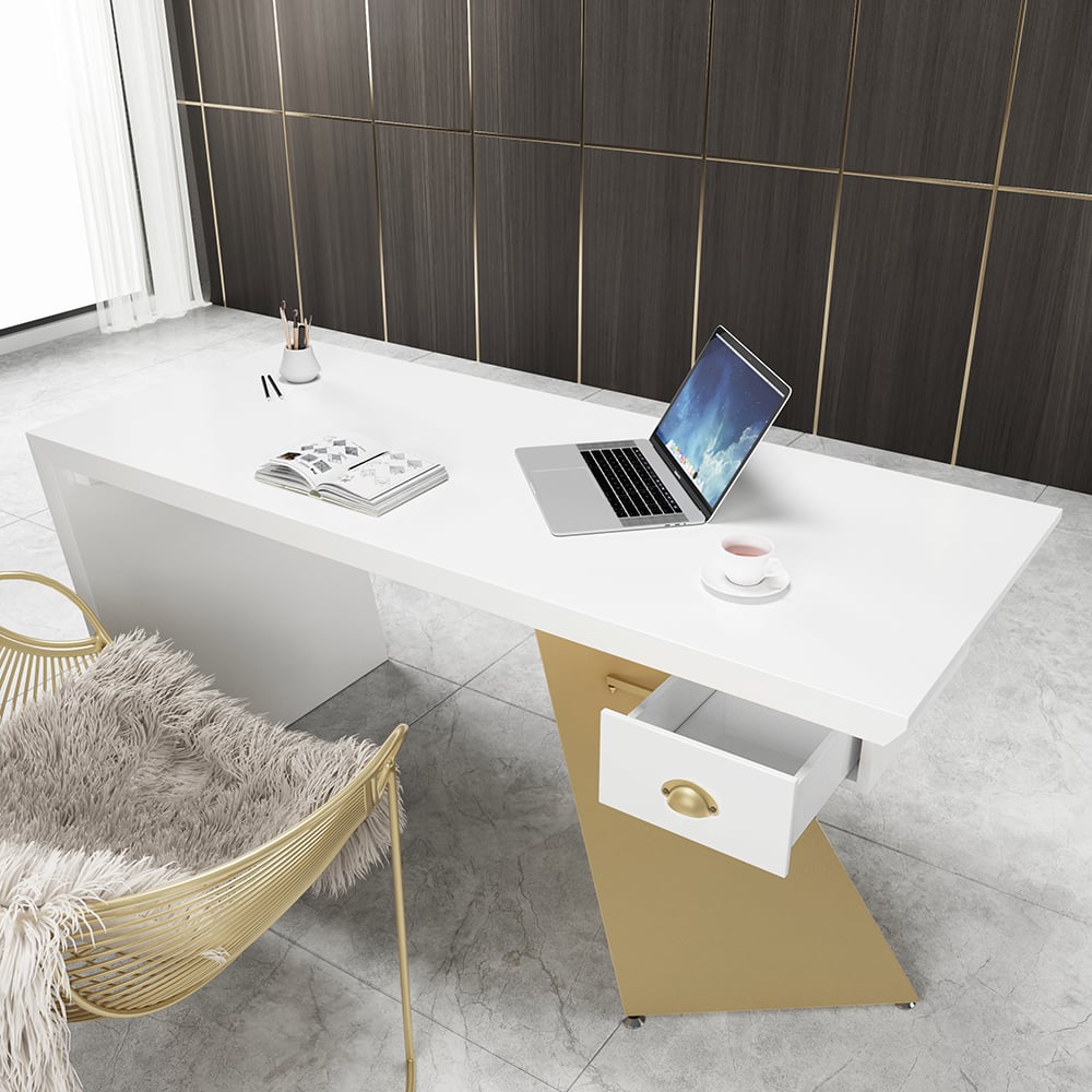 HMR Cabstract Series Modern 63" Office Desk with Drawer - White/Gold