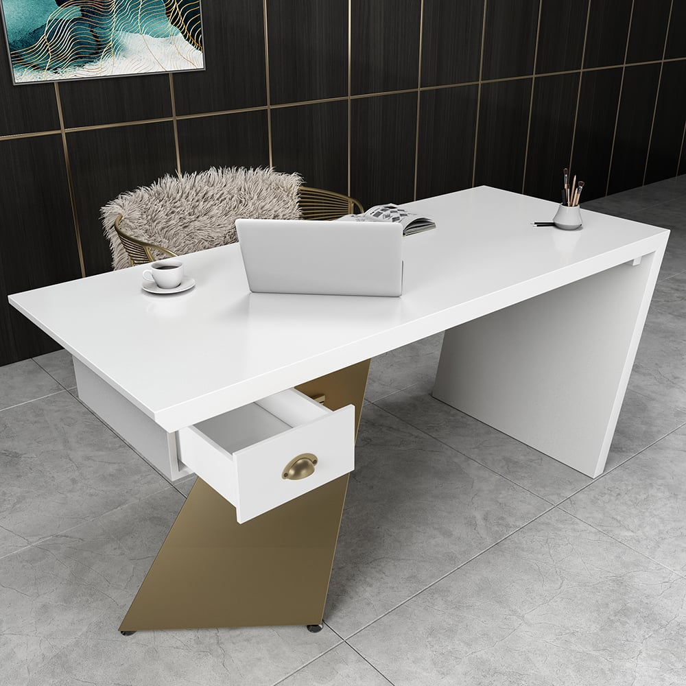 HMR Cabstract Series Modern 63" Office Desk with Drawer - White/Gold