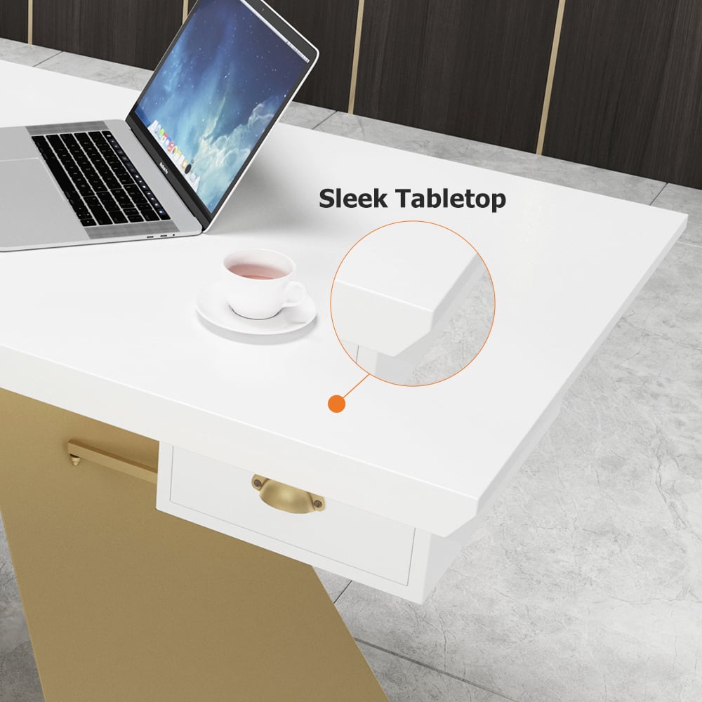 HMR Cabstract Series Modern 63" Office Desk with Drawer - White/Gold
