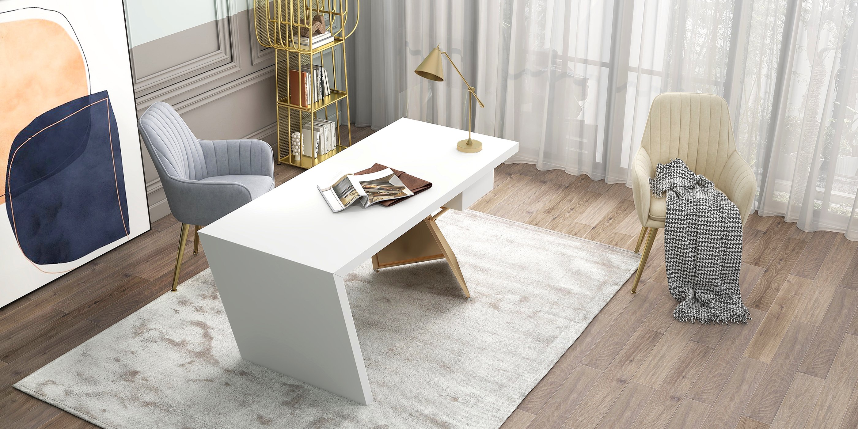 HMR Cabstract Series Modern 63" Office Desk with Drawer - White/Gold